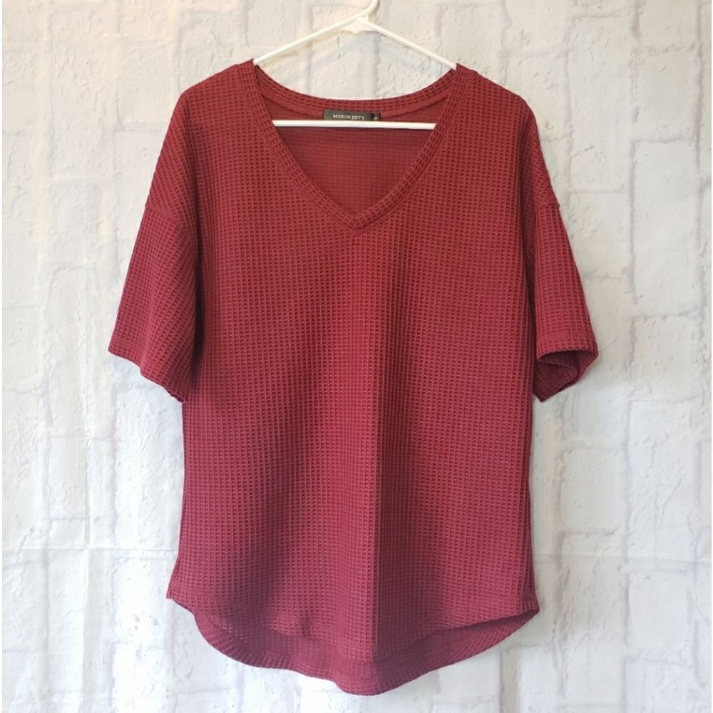 MEROKEETY Waffle Knit Flowy V-neck Tee Small